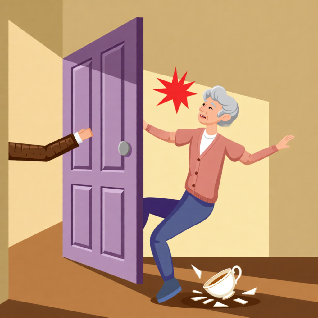 Industrial swinging door safety sensor preventing warehouse collision